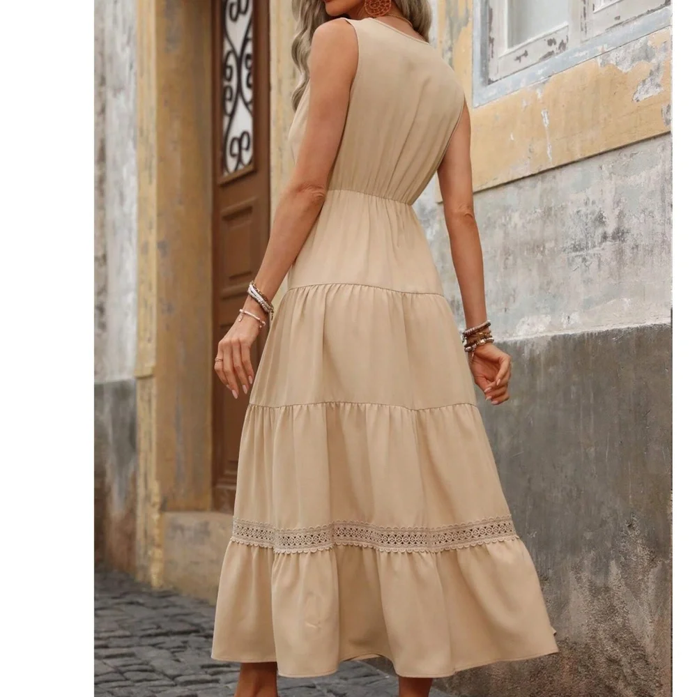 Boho Tan Surplice Sleeveless Ruffle Hem Maxi Dress - Picture 2 of 7